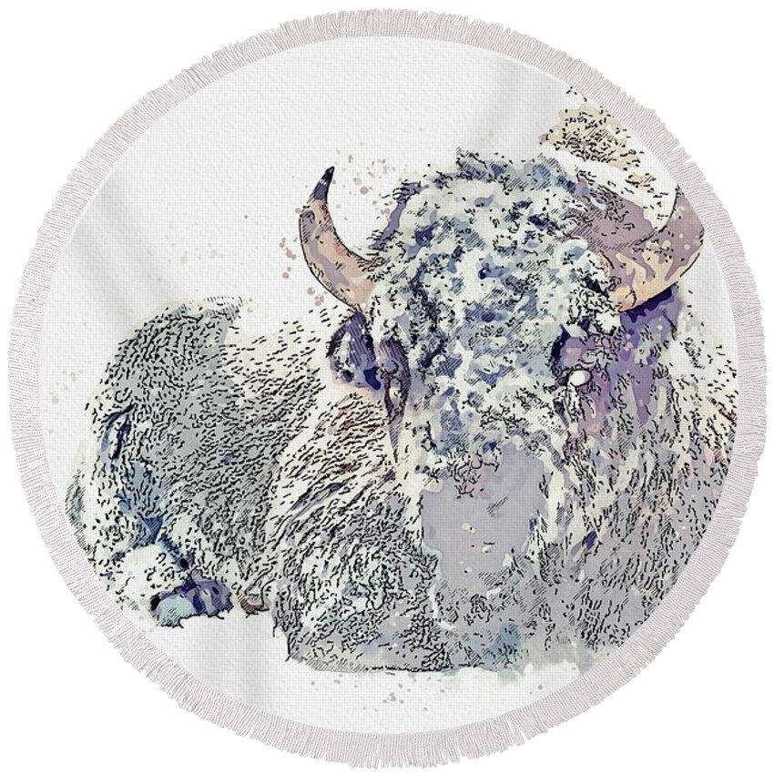 Buffalo Round Beach Towel featuring the painting American Bison in Winter Landscape 2 watercolor by Ahmet Asar by Celestial Images