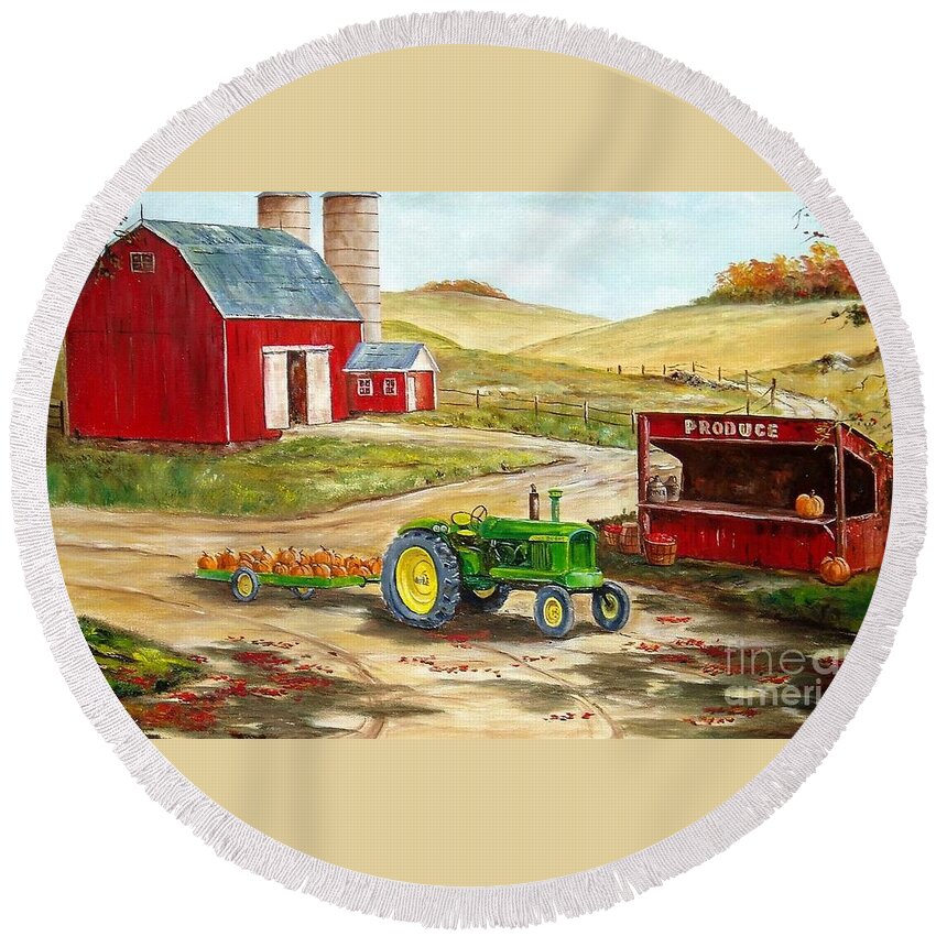 Tractor Round Beach Towel featuring the painting American Farm Life by Lee Piper