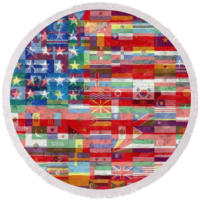 Liberty Round Beach Towel featuring the painting American Flags Of The World by Tony Rubino