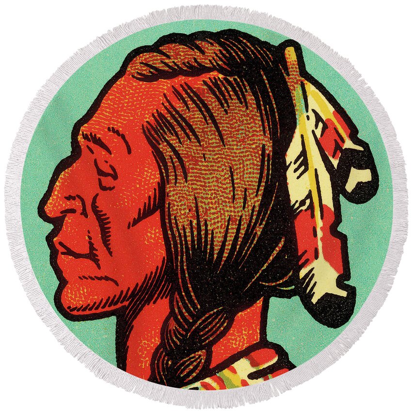 American Indian Round Beach Towel featuring the drawing American Indian Man Profile by CSA Images