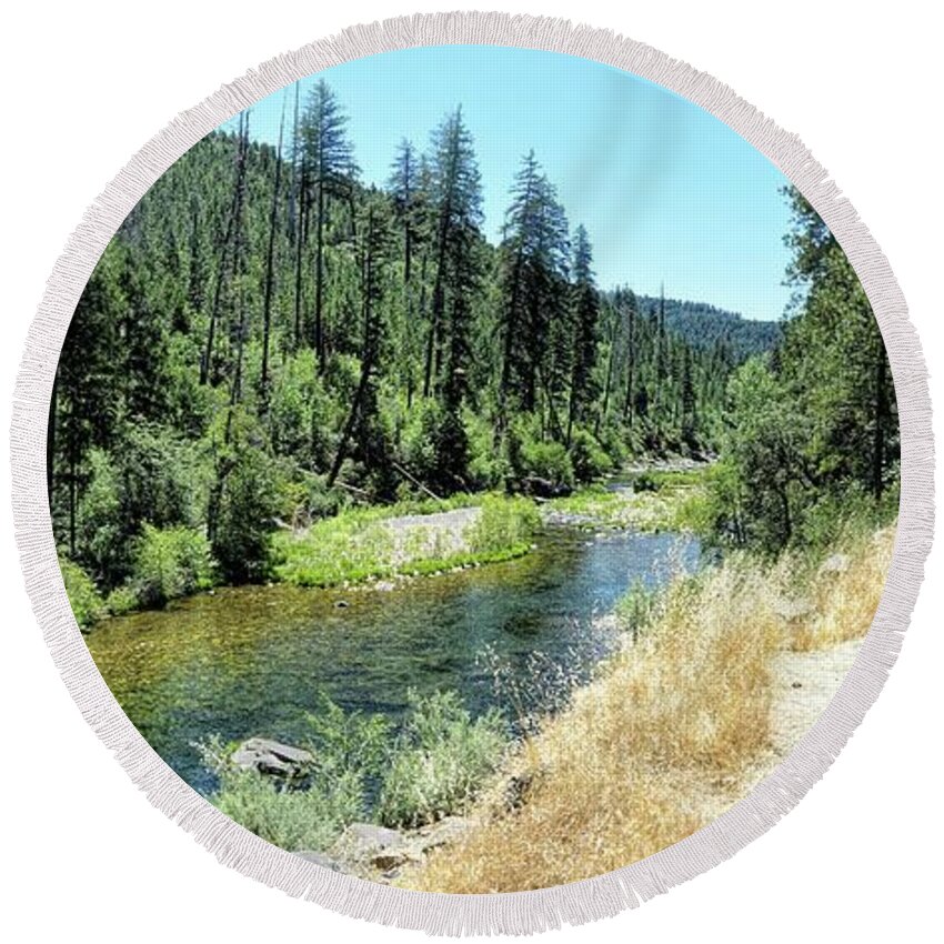 Joe Lach Round Beach Towel featuring the photograph American River Turnout. by Joe Lach