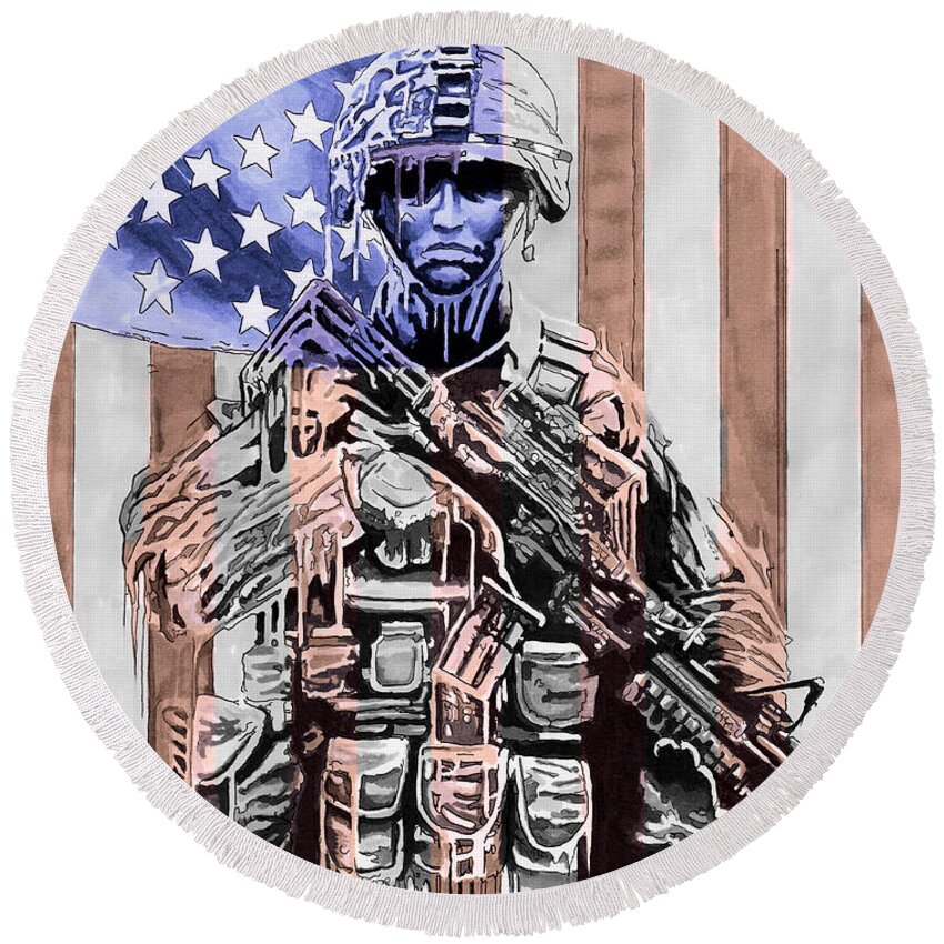 America Round Beach Towel featuring the drawing American Soldier by Bill Richards