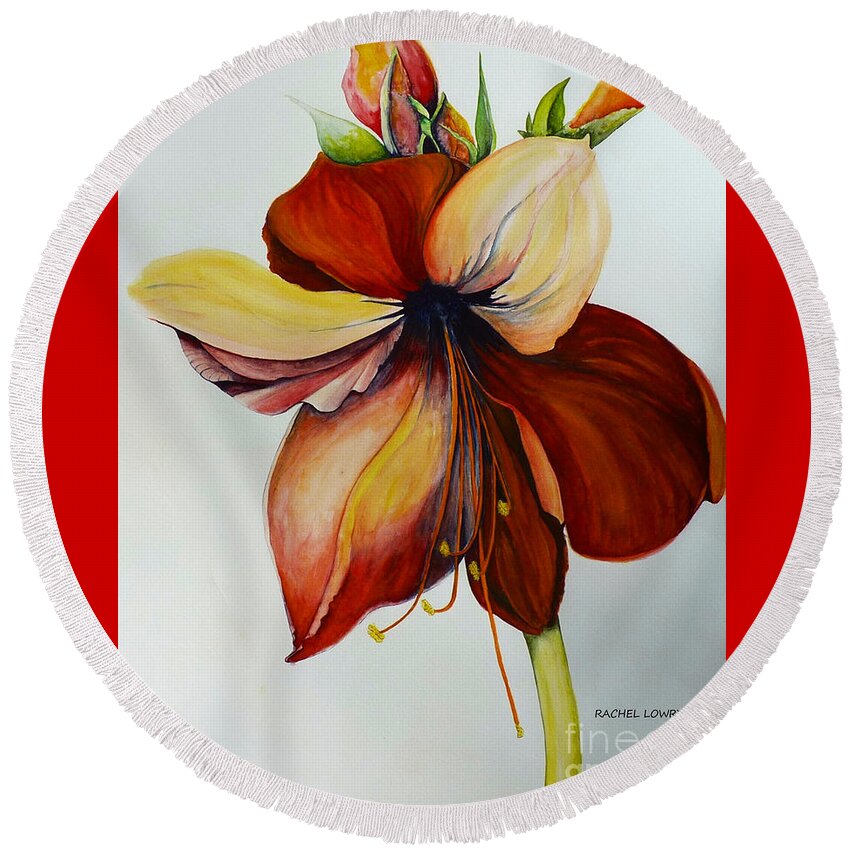 Red Round Beach Towel featuring the painting Amerylis/Amaryllis by Rachel Lowry