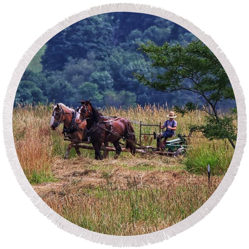 Amish Round Beach Towel featuring the photograph Amish farming by Susan Jensen