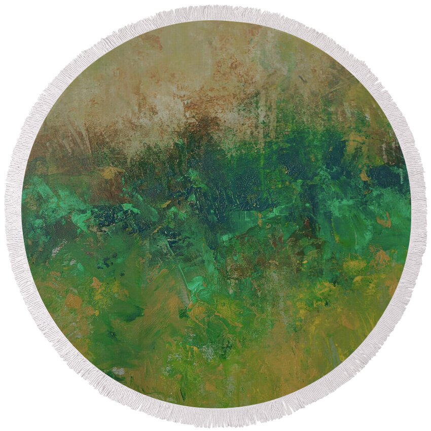 Abstract Round Beach Towel featuring the painting Amongst blossoms by Ron Halfant