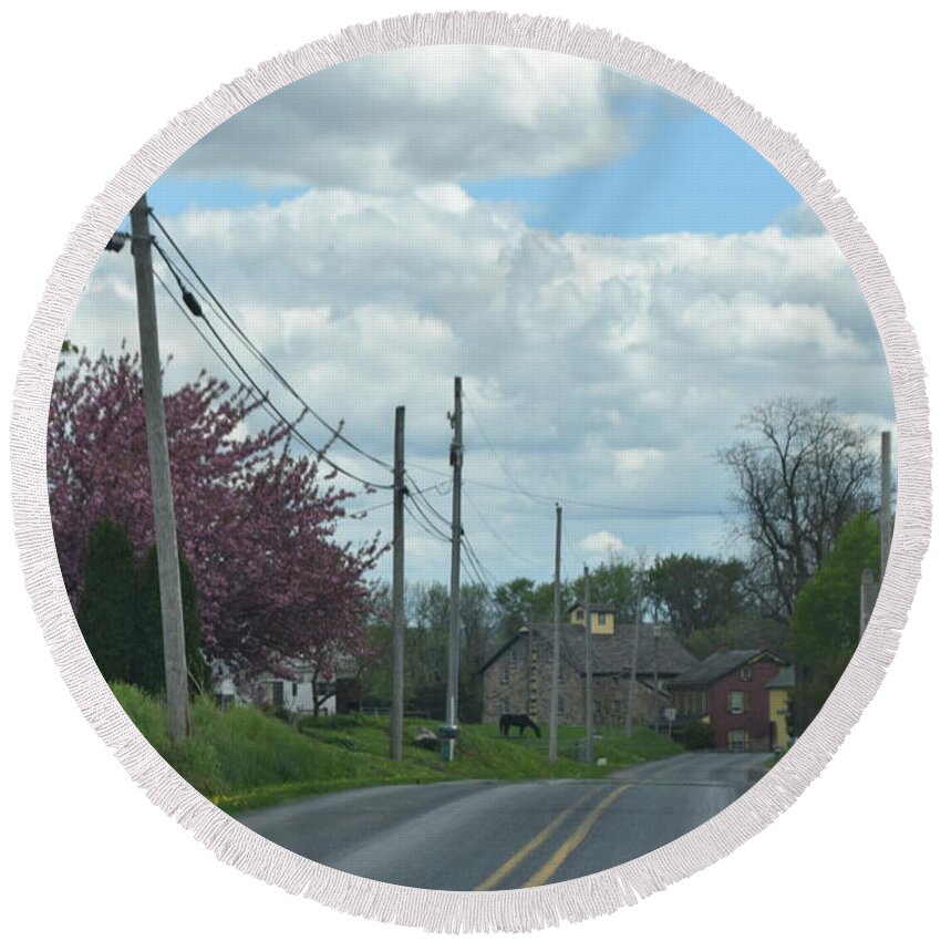 Amish Round Beach Towel featuring the photograph An Amish Spring Drive by Christine Clark