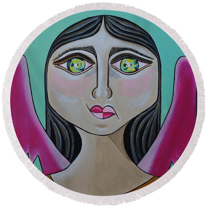 Round Beach Towel featuring the painting Angel Girl by Sandra Marie Adams