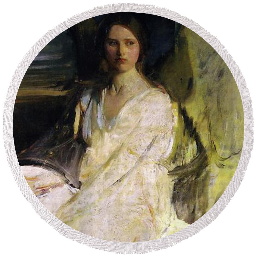 Angels Round Beach Towel featuring the mixed media Angel Guardian Sitting 106 by Abbott Handerson Thayer