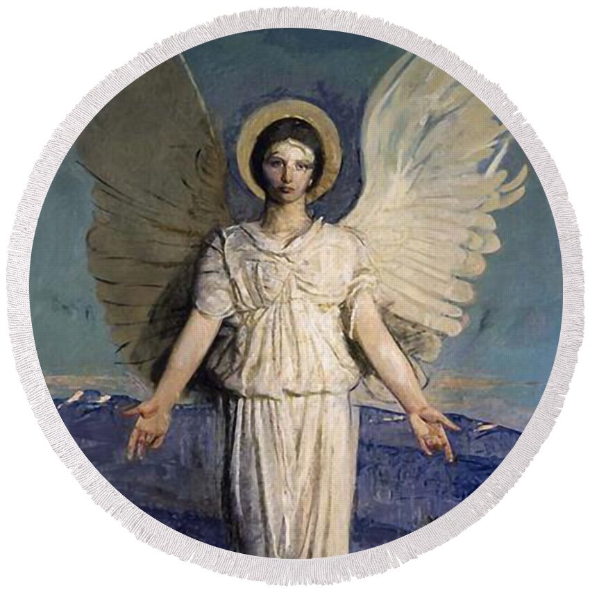 Angels Round Beach Towel featuring the mixed media Angel of the Annunciation by Abbott Handerson Thayer