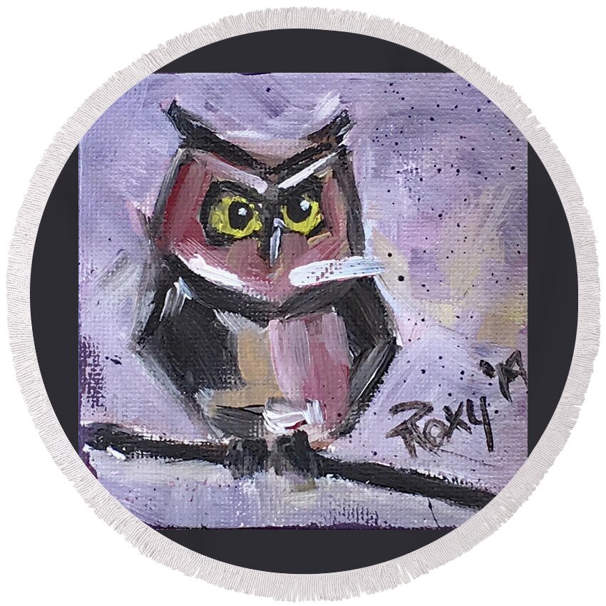 Owl Round Beach Towel featuring the painting Annoyed Little Owl by Roxy Rich