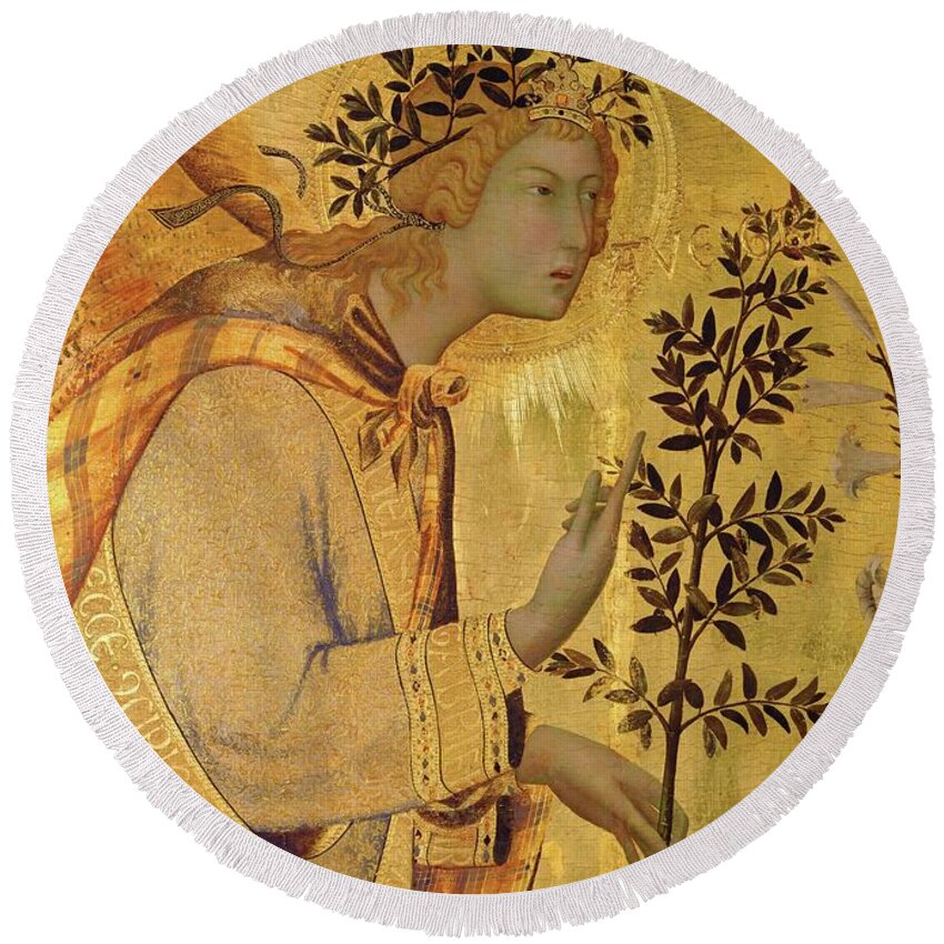 Archangel Gabriel Round Beach Towel featuring the painting Annunciation. Detail the Angel of the Annunciation. by Simone Martini -c 1284-1344-