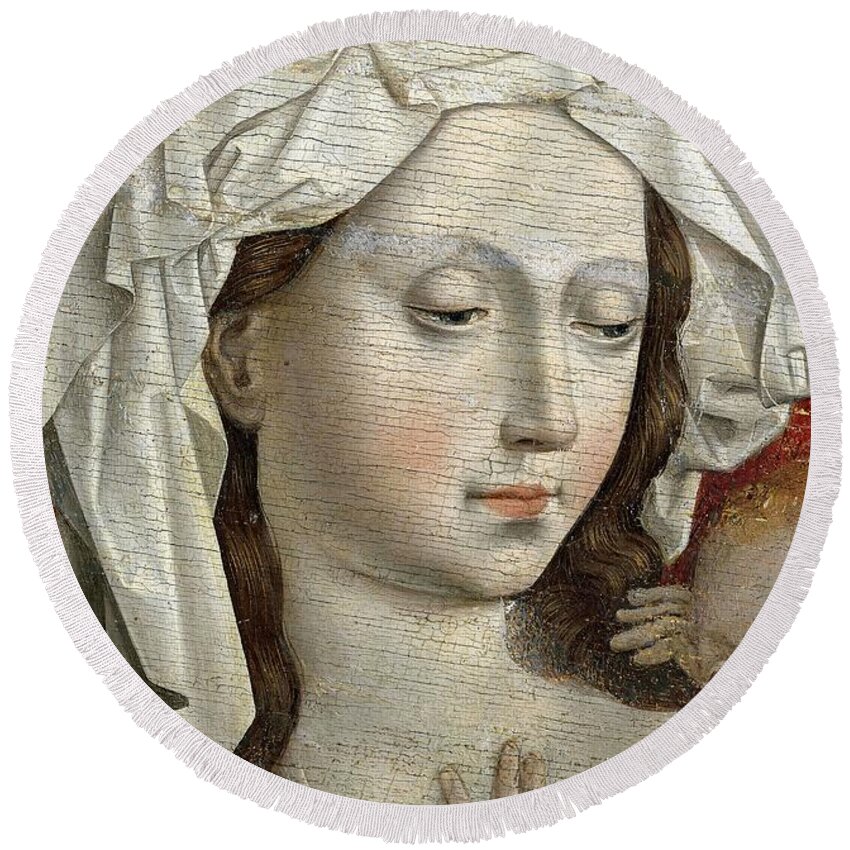 Child Jesus Round Beach Towel featuring the painting Anonymous -Copy Campin, Robert- / 'The Nursing Madonna', 15th century, Flemish School. VIRGIN MARY. by Robert Campin -c 1378-1444-