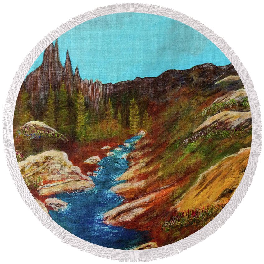 Ansel Round Beach Towel featuring the painting Ansel Adams Wilderness by Randy Sylvia