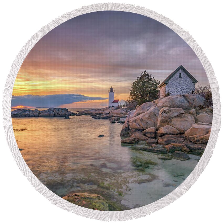 Annisquam Round Beach Towel featuring the photograph April Sunset at Annisquam Harbor Lighthouse by Kristen Wilkinson