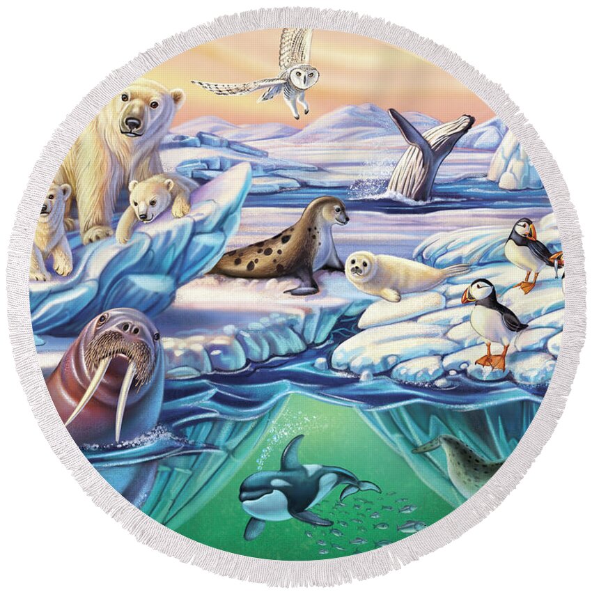 Arctic Round Beach Towel featuring the mixed media Arctic Animals by Anne Wertheim