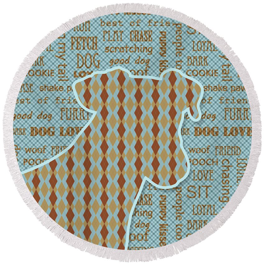 Dog Round Beach Towel featuring the digital art Argyle Dog Blue and Brown by Doreen Erhardt