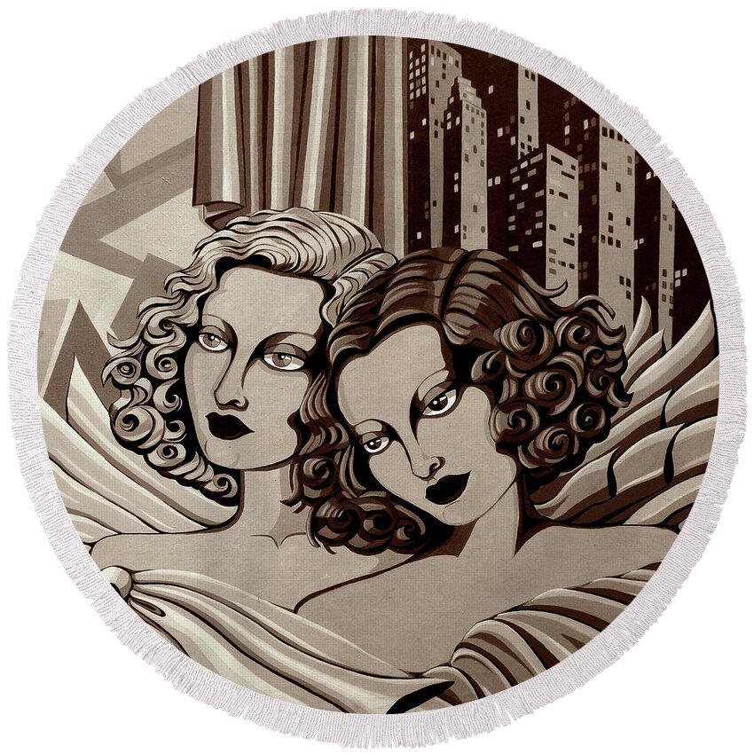 Portrait Round Beach Towel featuring the painting Arielle and Gabrielle in Sepia Tone by Tara Hutton