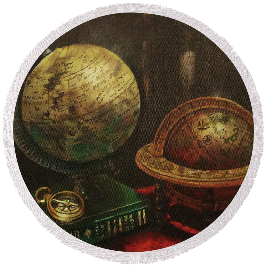 Explorers’ Club Round Beach Towel featuring the painting Armchair Traveler by Tom Shropshire
