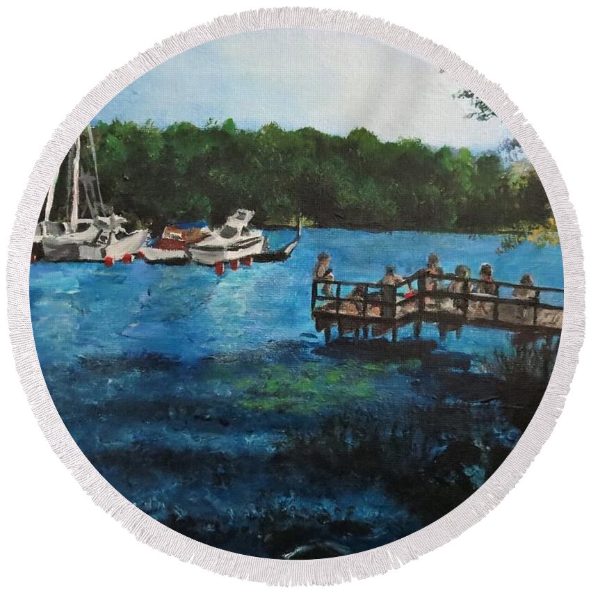 Blue Round Beach Towel featuring the painting Arstaviken sunset, Sodermalm, Stockholm, Sweden by C E Dill
