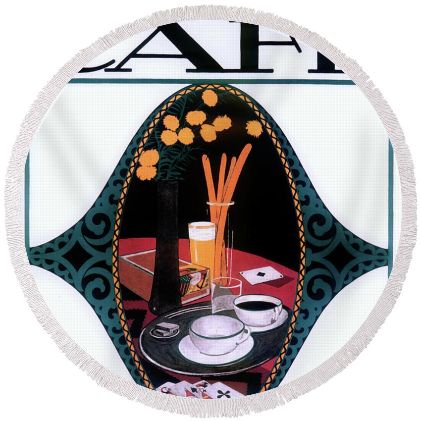 Art Deco Round Beach Towel featuring the painting Art Deco Cafe Vintage Poster by Mindy Sommers