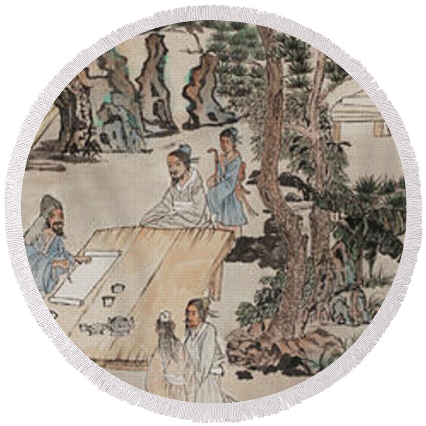 Chinese Watercolor Round Beach Towel featuring the painting Lan Ting Xu - Chinese Calligraphers by Jenny Sanders
