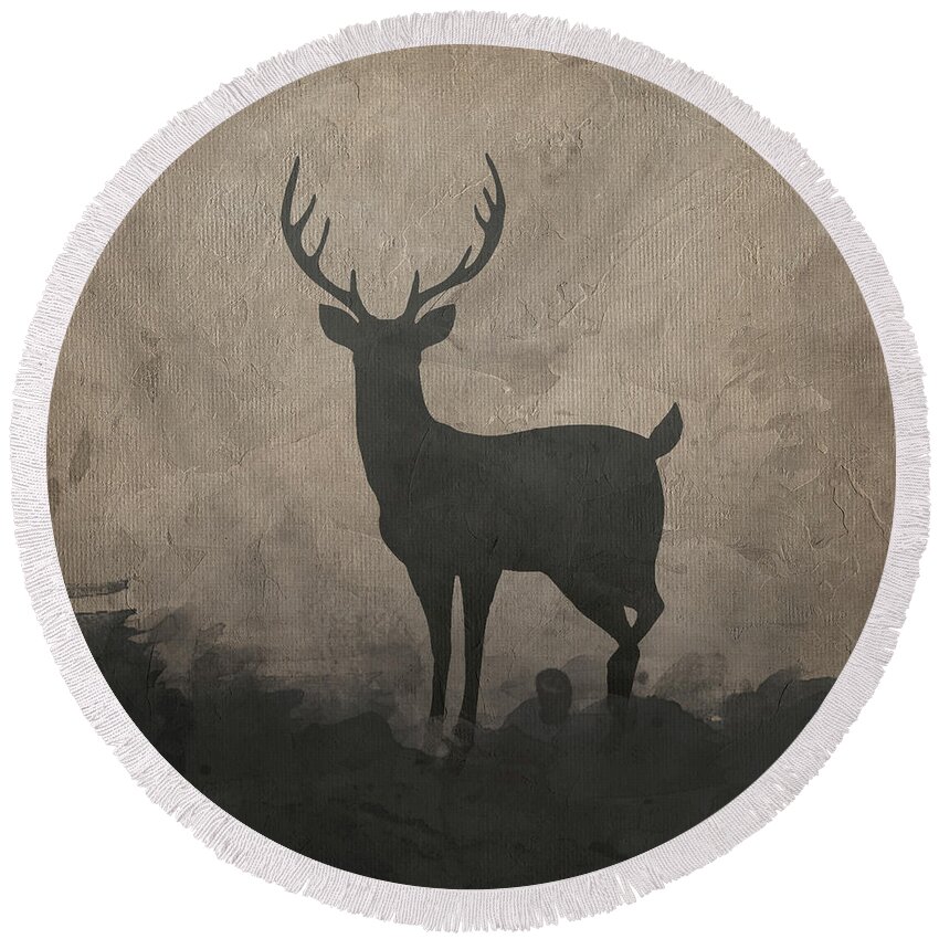 Amanda Lakey Round Beach Towel featuring the mixed media Silhouette Stag I by Amanda Jane