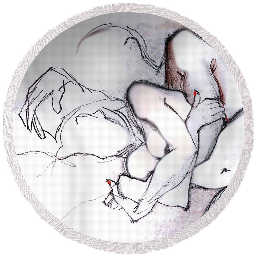 Romantic Round Beach Towel featuring the mixed media Spooning - Loving Couple by Carolyn Weltman