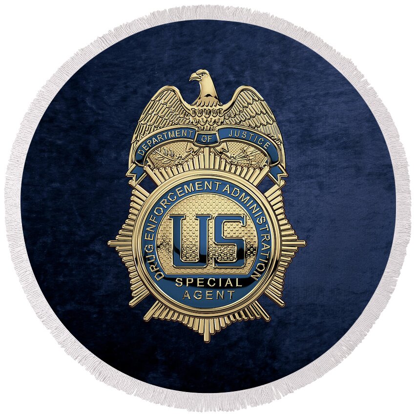  ‘law Enforcement Insignia & Heraldry’ Collection By Serge Averbukh Round Beach Towel featuring the digital art Drug Enforcement Administration - D E A Special Agent Badge over Blue Velvet by Serge Averbukh