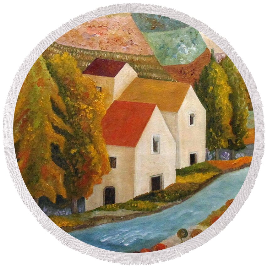 Village Round Beach Towel featuring the painting Autumn Flow by Angeles M Pomata