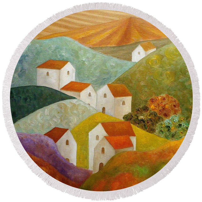 Village Round Beach Towel featuring the painting The Color Of Memories by Angeles M Pomata
