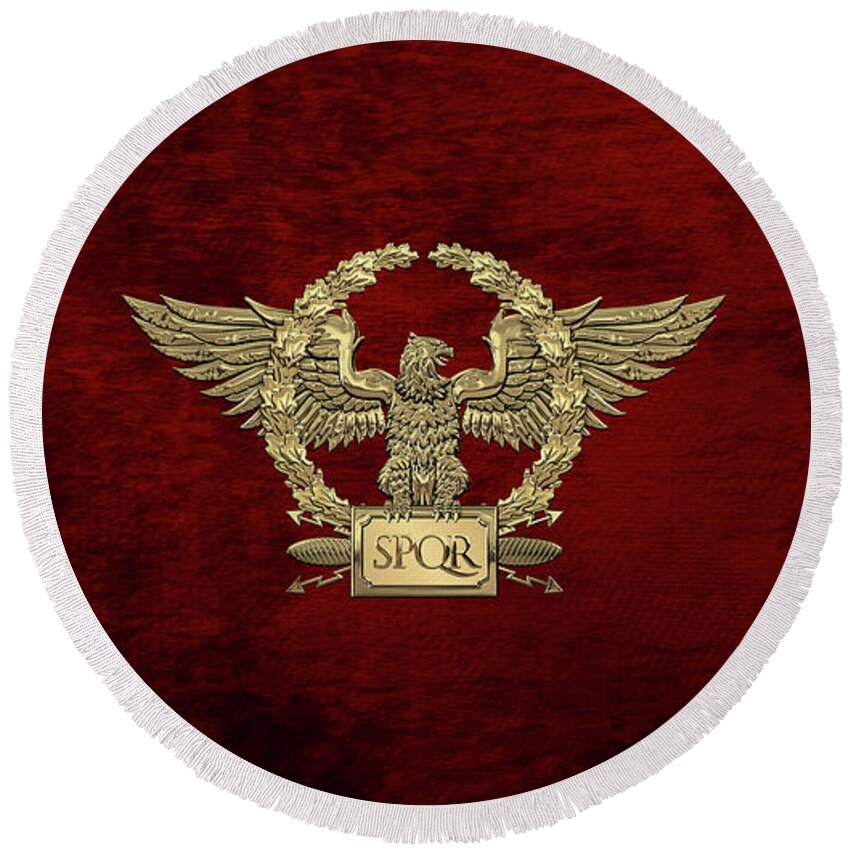 ‘treasures Of Rome’ Collection By Serge Averbukh Round Beach Towel featuring the digital art Gold Roman Imperial Eagle - S P Q R Special Edition over Red Velvet by Serge Averbukh