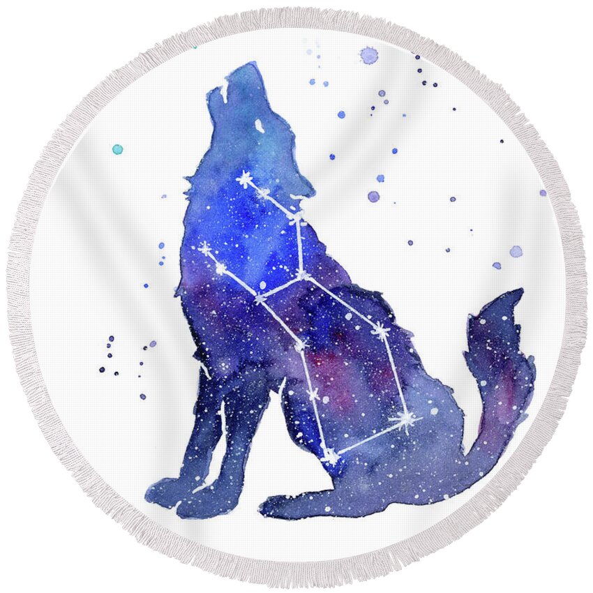 Wolf Round Beach Towel featuring the painting Galaxy Wolf - Lupus Constellation by Olga Shvartsur