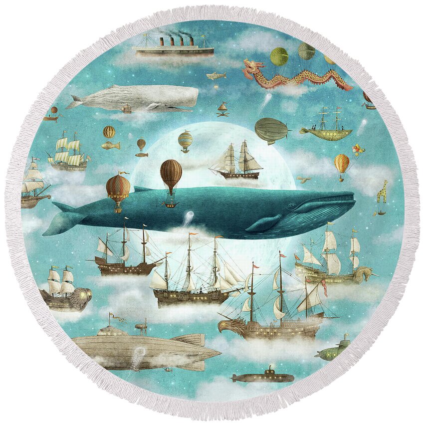 Ocean Round Beach Towel featuring the drawing Ocean Meets Sky by Eric Fan