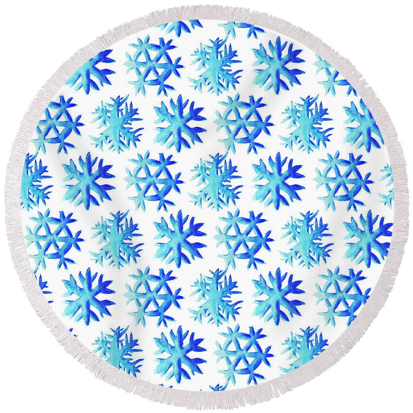 Pattern Round Beach Towel featuring the digital art Blue Watercolor Snowflakes Pattern by Boriana Giormova
