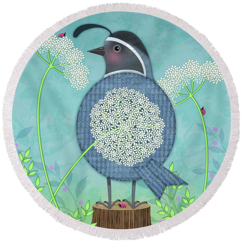 Letter Q Round Beach Towel featuring the digital art Q is for Quail and Queen Anne's Lace by Valerie Drake Lesiak