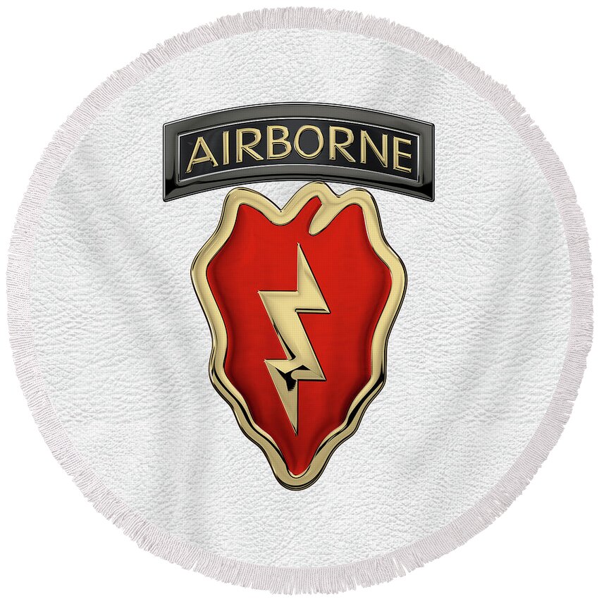 Military Insignia & Heraldry By Serge Averbukh Round Beach Towel featuring the digital art 4th Brigade Combat Team 25th Infantry Division Airborne - 4th I B C T Insignia over White Leather by Serge Averbukh