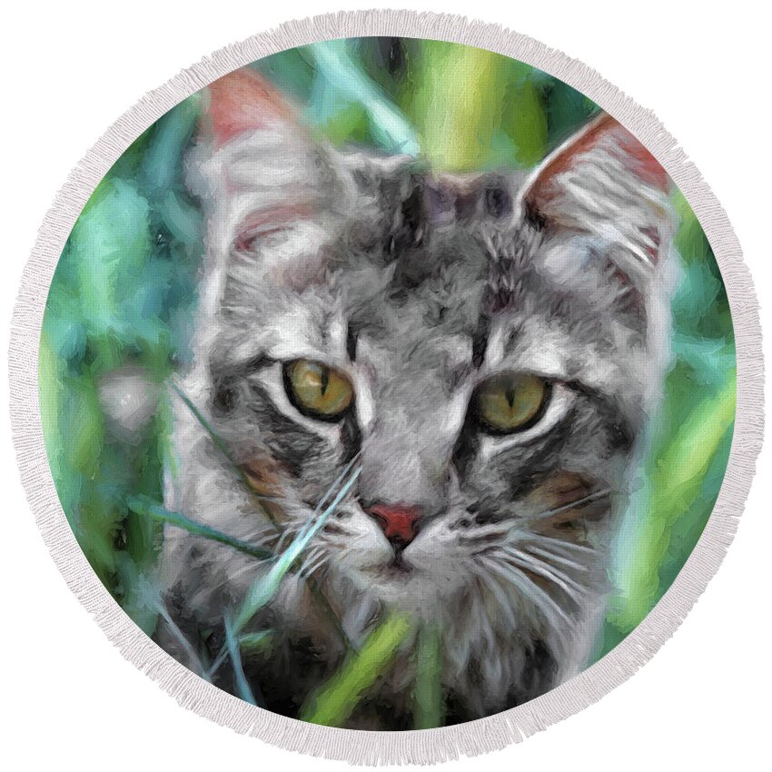 Animals Round Beach Towel featuring the painting Cat in the Grass by Doreen Erhardt
