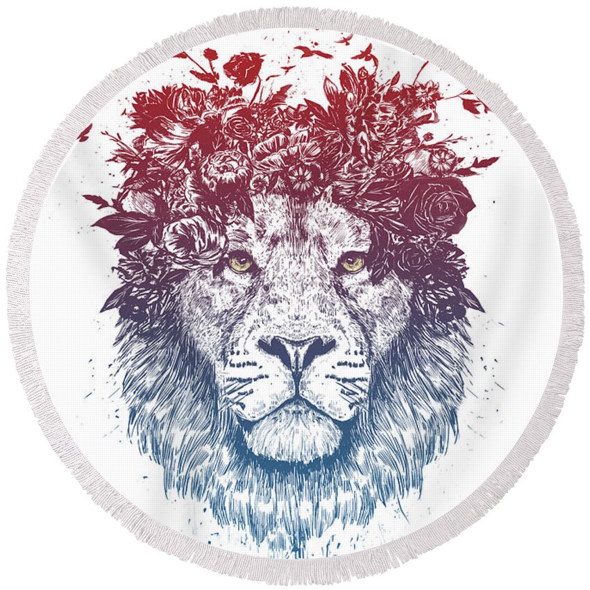Lion Round Beach Towel featuring the drawing Floral lion III by Balazs Solti