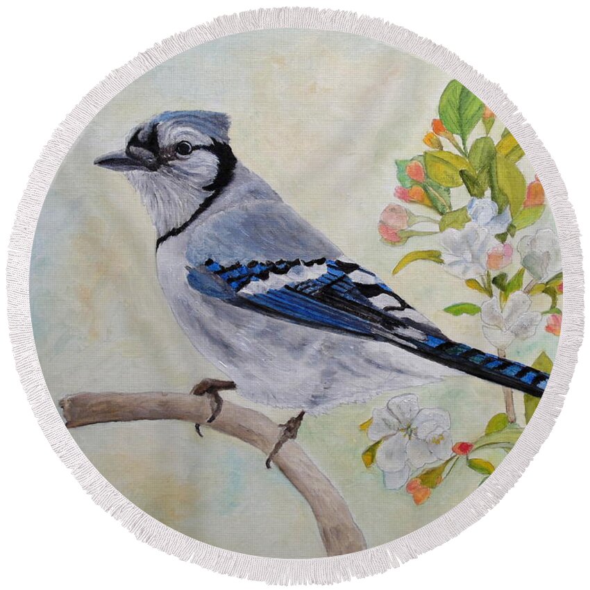 Blue Jay Round Beach Towel featuring the painting Blue Jay Among Apple Blossoms by Angeles M Pomata