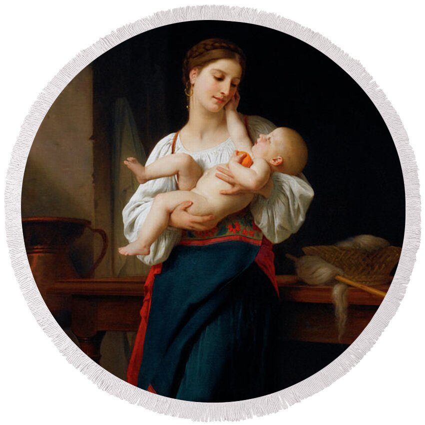 Mother And Child Round Beach Towel featuring the painting Mother and Child by William Adolphe Bouguereau by Rolando Burbon