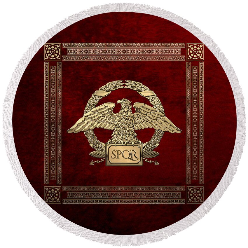 ‘treasures Of Rome’ Collection By Serge Averbukh Round Beach Towel featuring the digital art Roman Empire - Gold Roman Imperial Eagle over Red Velvet by Serge Averbukh