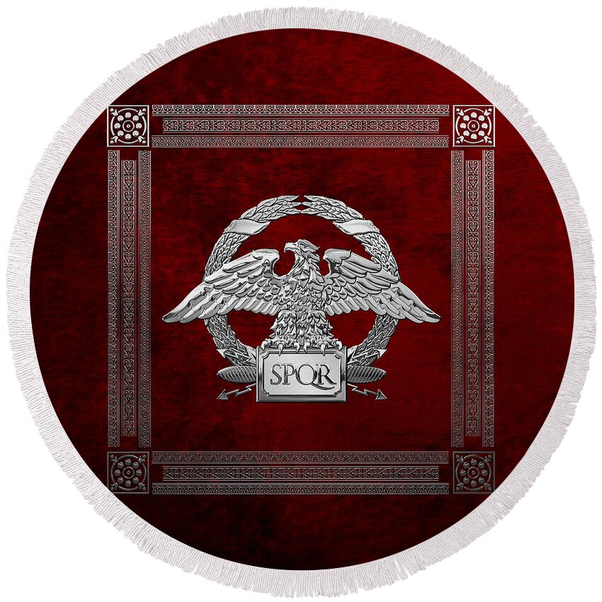 ‘treasures Of Rome’ Collection By Serge Averbukh Round Beach Towel featuring the digital art Roman Empire - Silver Roman Imperial Eagle over Red Velvet by Serge Averbukh