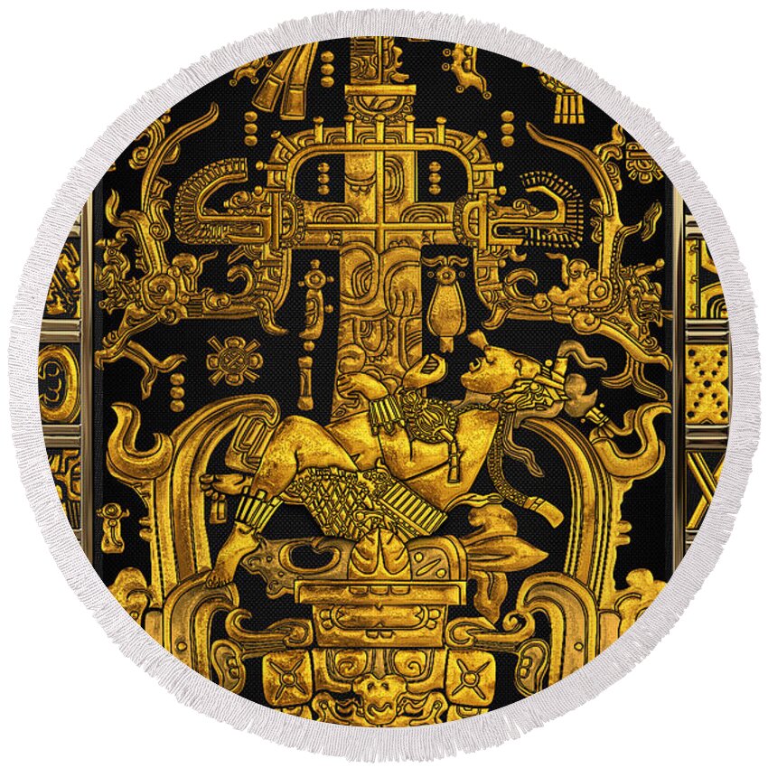 ‘treasures Of Pre-columbian America’ Collection By Serge Averbukh Round Beach Towel featuring the digital art Lid of The Great Tomb of Pakal - Gold Palenque Astronaut over Black No.1 by Serge Averbukh