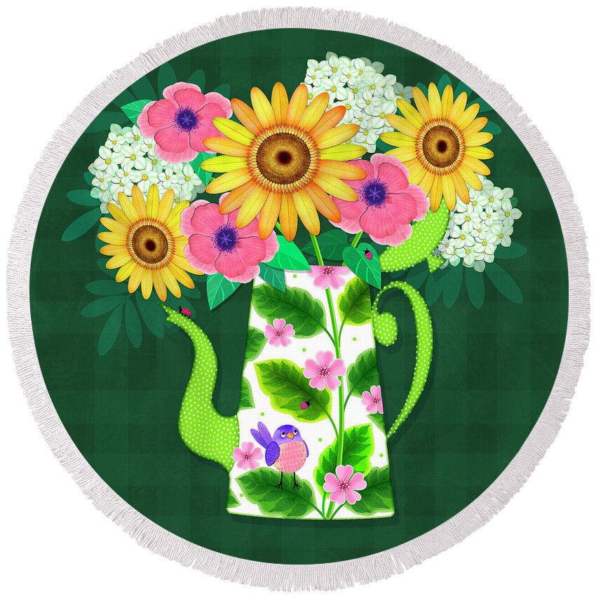 Flowers Round Beach Towel featuring the digital art Summer Flowers in Coffee Pot by Valerie Drake Lesiak