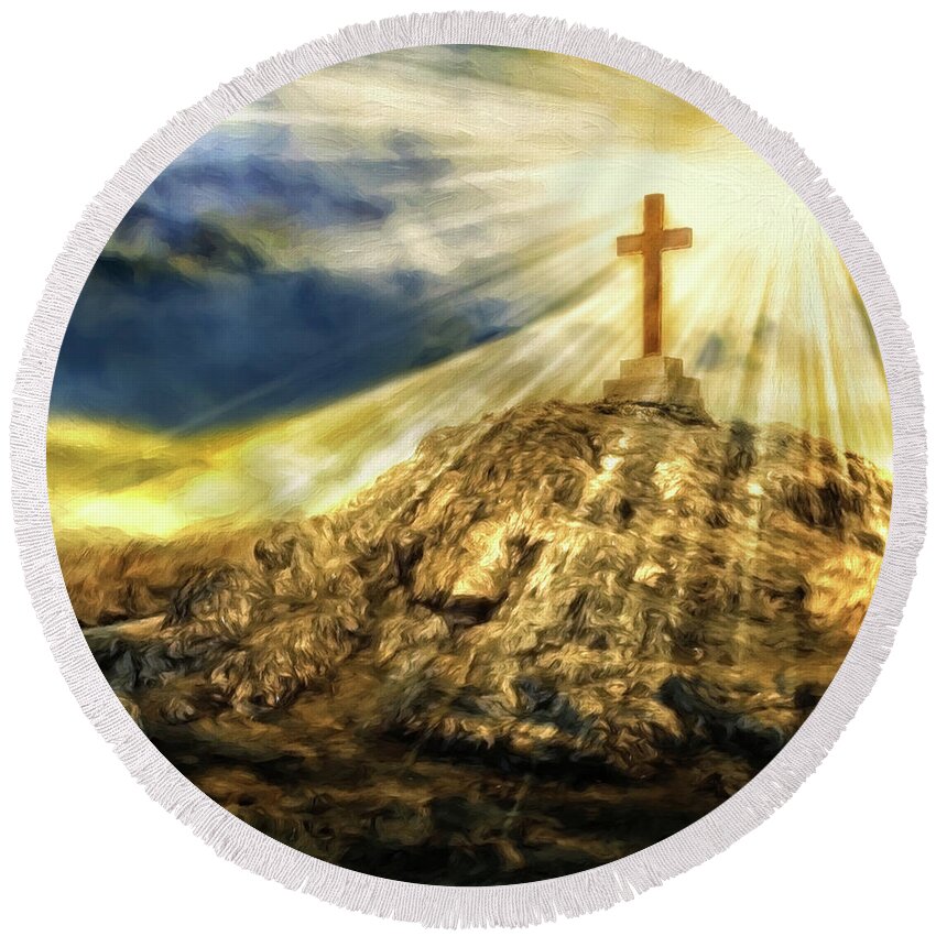 Easter Round Beach Towel featuring the digital art Golden Cross on the Hill Religious by Doreen Erhardt