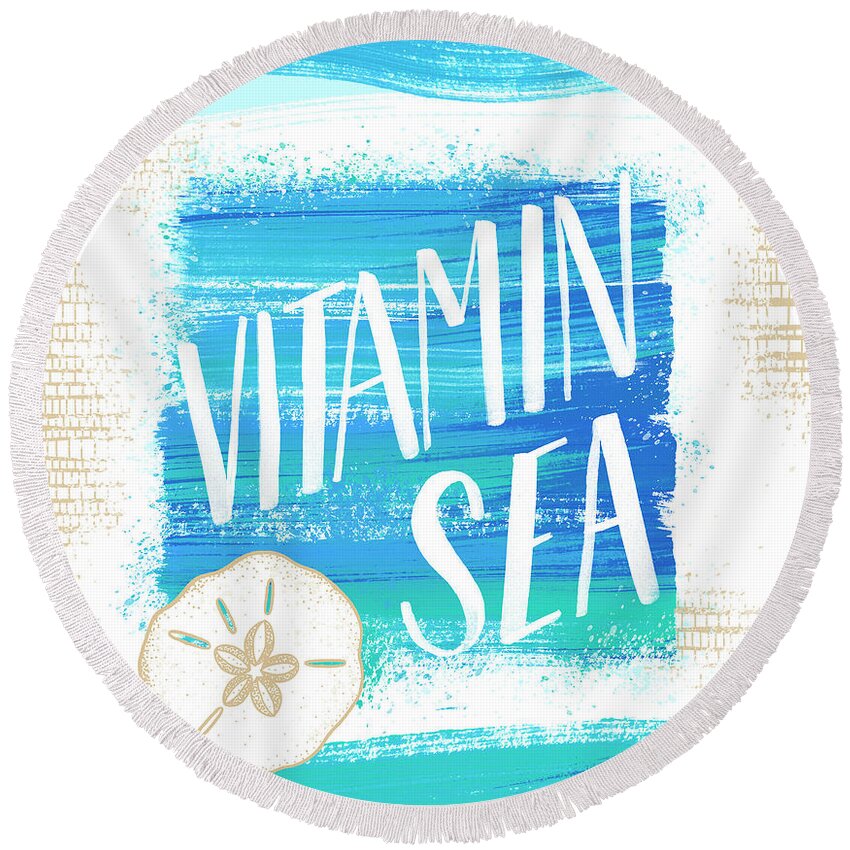 Vitamin Sea Round Beach Towel featuring the painting Vitamin Sea Sand Dollar Coastal Art by Jen Montgomery