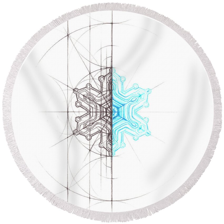 #snowflake #geometry #intuitivegeometry #overlappingcircles #sacredgeometry Round Beach Towel featuring the drawing Intuitive Geometry Snowflake by Nathalie Strassburg