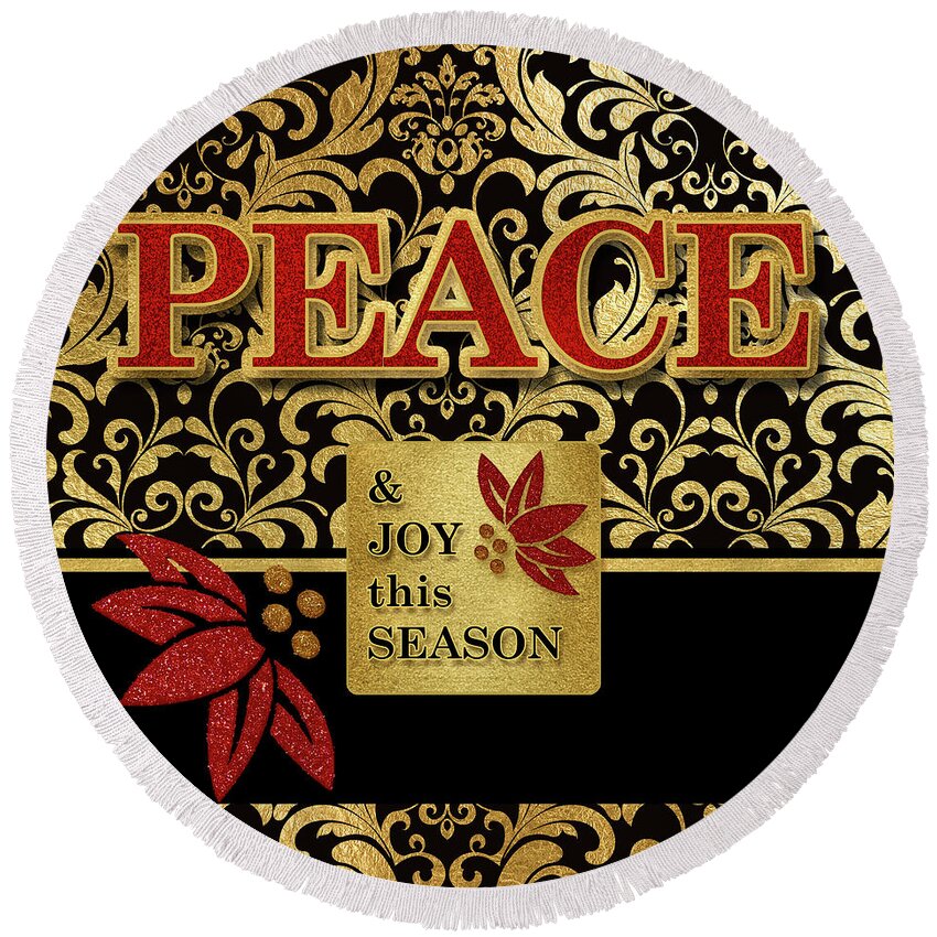 Christmas Round Beach Towel featuring the digital art Holiday Peace Theme in Red Gold and Black by Doreen Erhardt