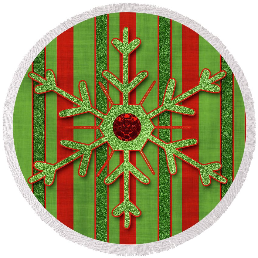Christmas Round Beach Towel featuring the digital art Deck the Halls Green and Red Stripes by Doreen Erhardt
