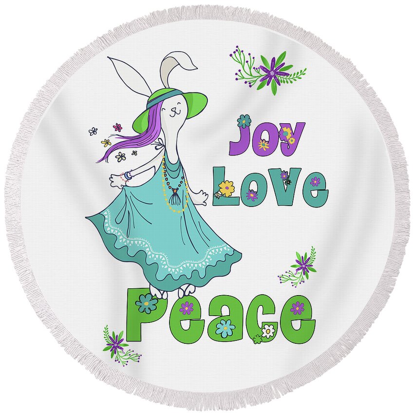 Christmas Round Beach Towel featuring the digital art Retro Hippie Joy Love and Peace Dancing Holiday Bunny by Doreen Erhardt